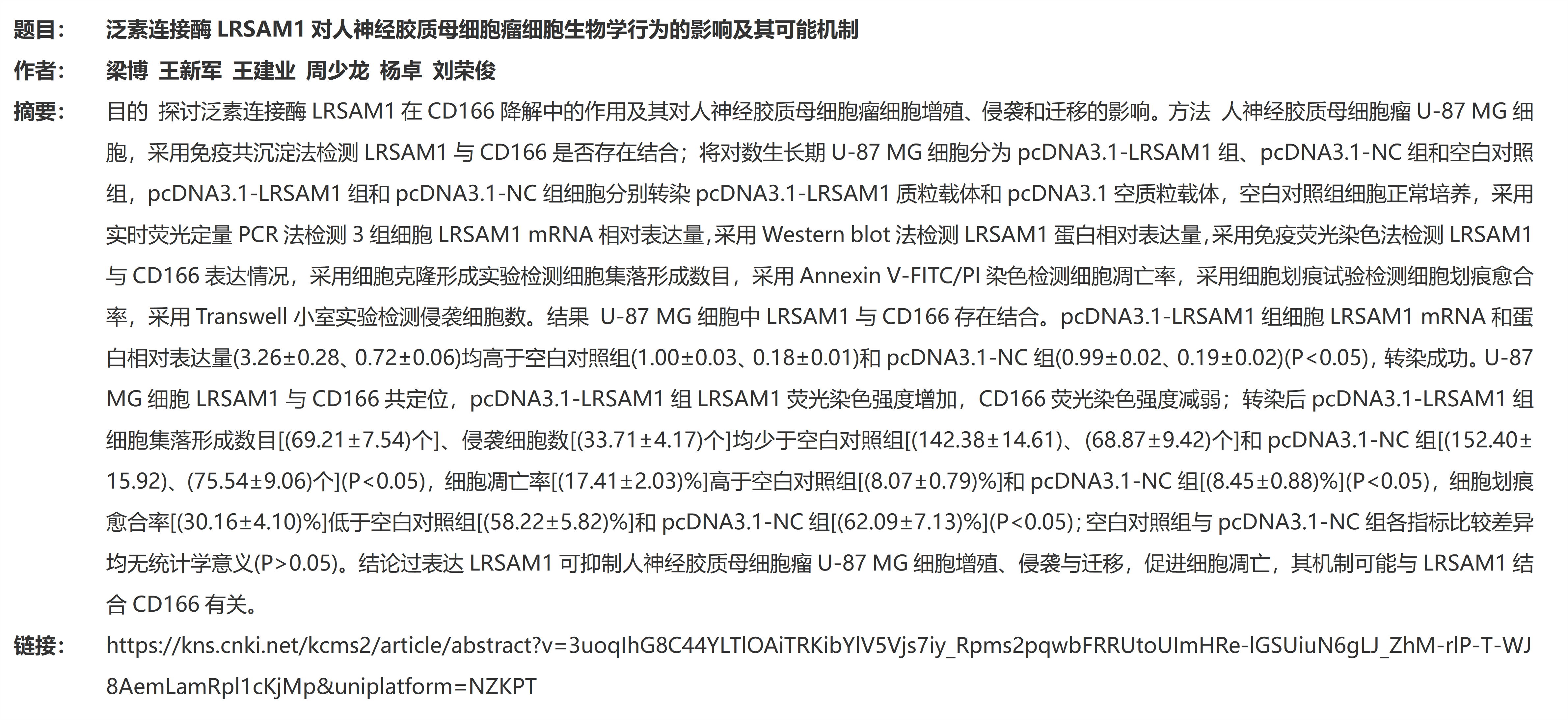 1.泛素連接酶LRSAM1對人神經(jīng)膠質(zhì)母細胞瘤細胞生物學(xué)行為的影響及其可能機制_01